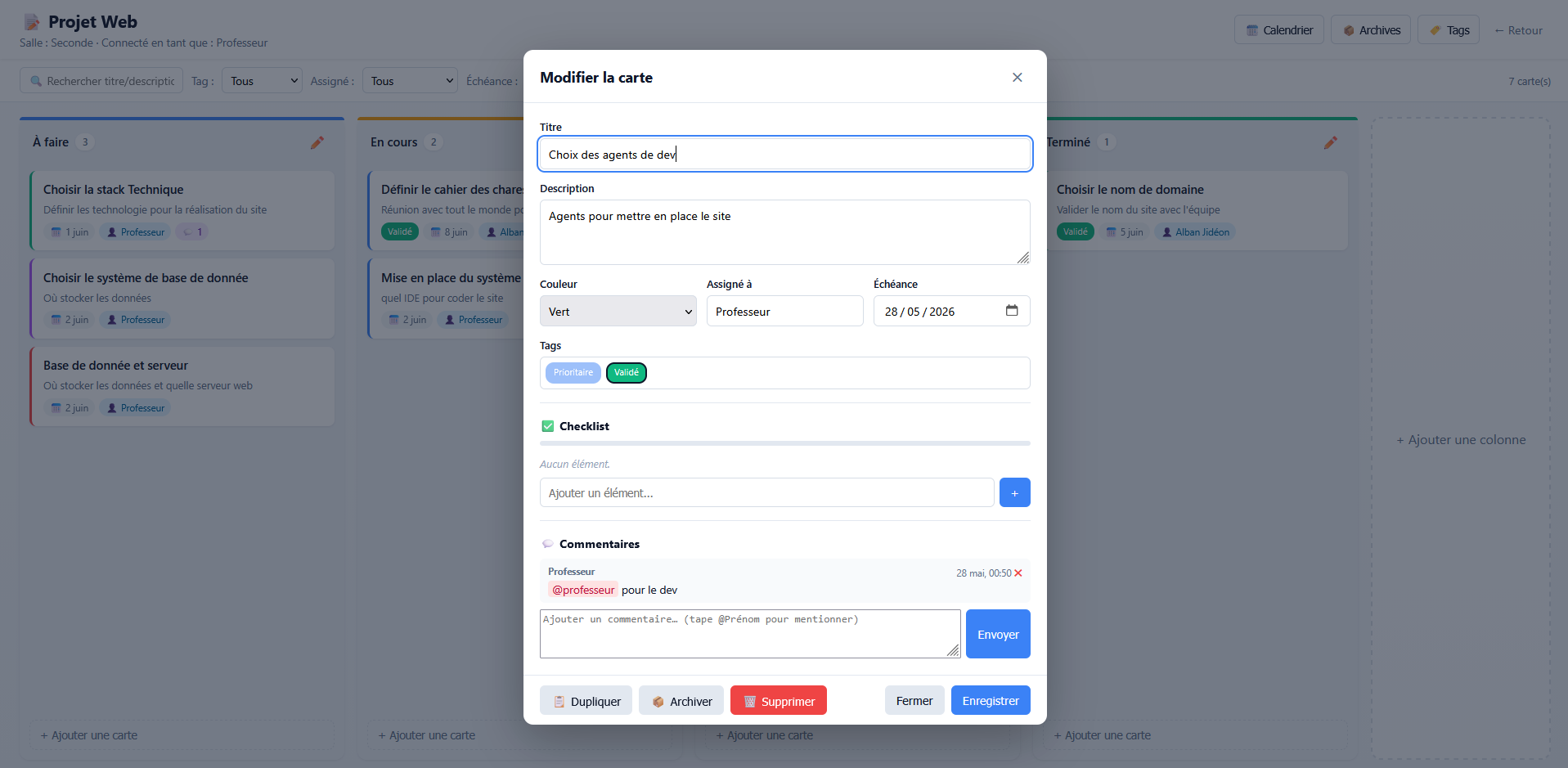 Editing an EduTools Kanban card with checklist, comments and @firstname mention