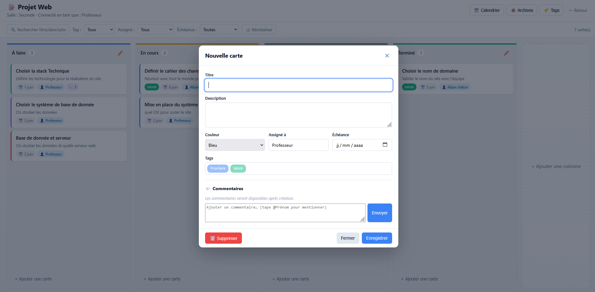 Form for creating a new Kanban card with title, description, colour, assignee, due date and tags
