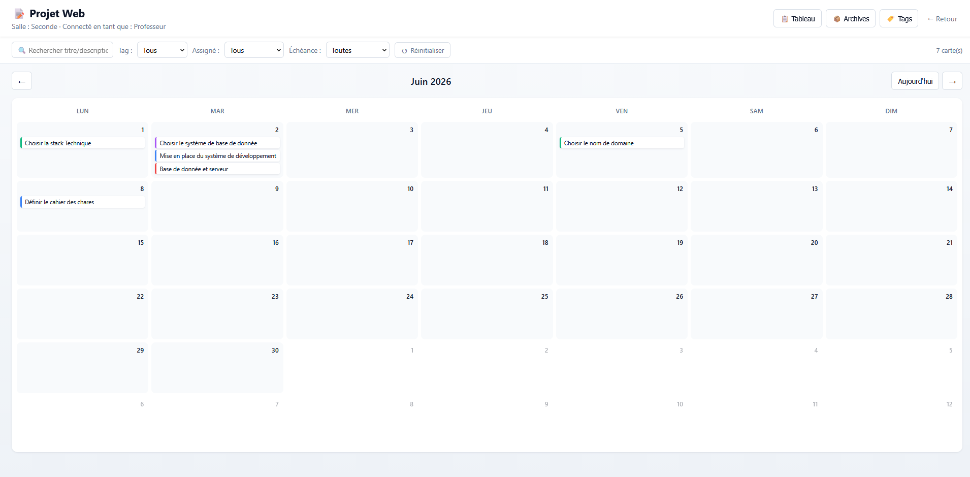 Monthly calendar view of the Kanban board showing cards by their due date