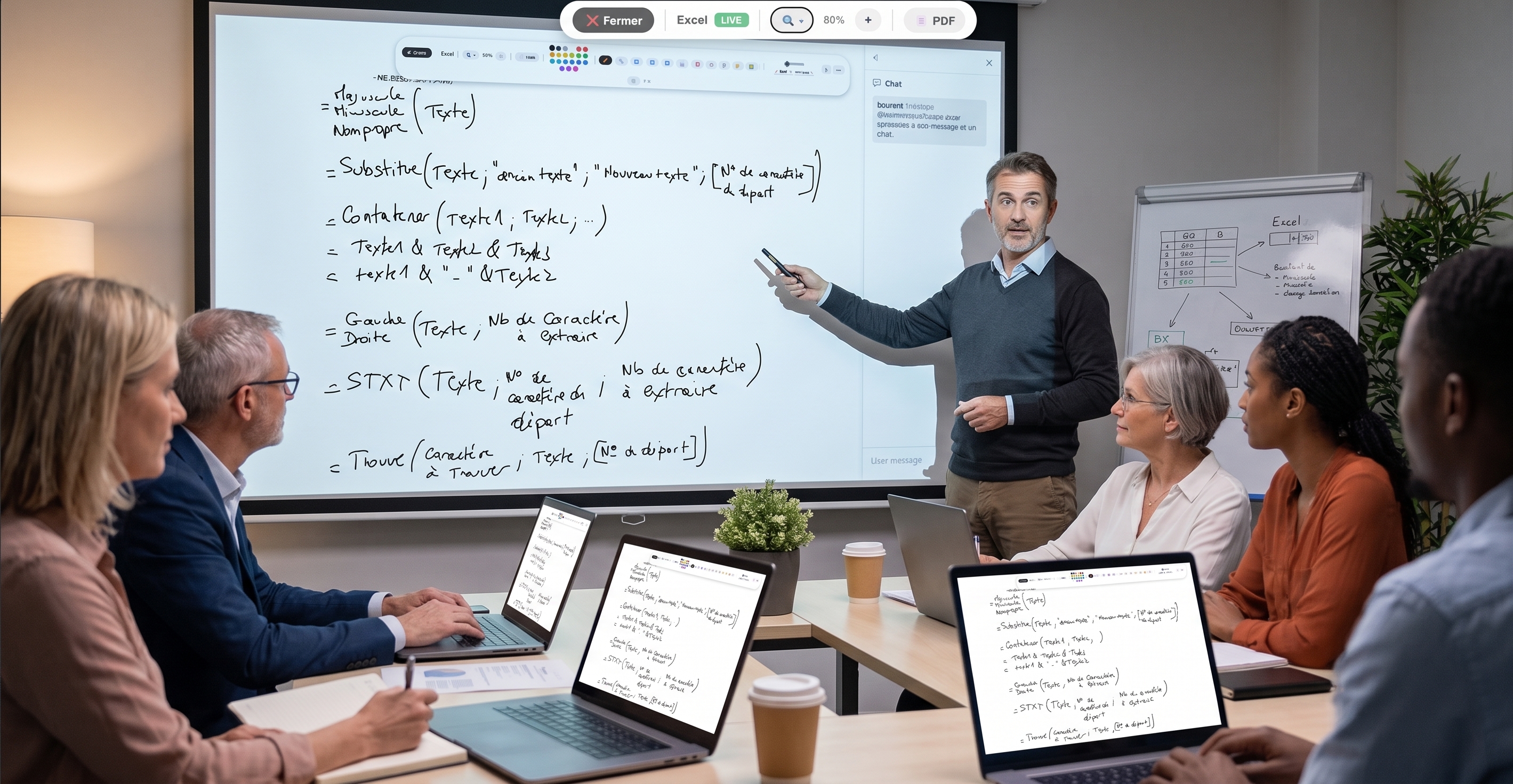 Formateur qui présente sur un tableau Blanc sur Edutools son cours devant ses stagiaires